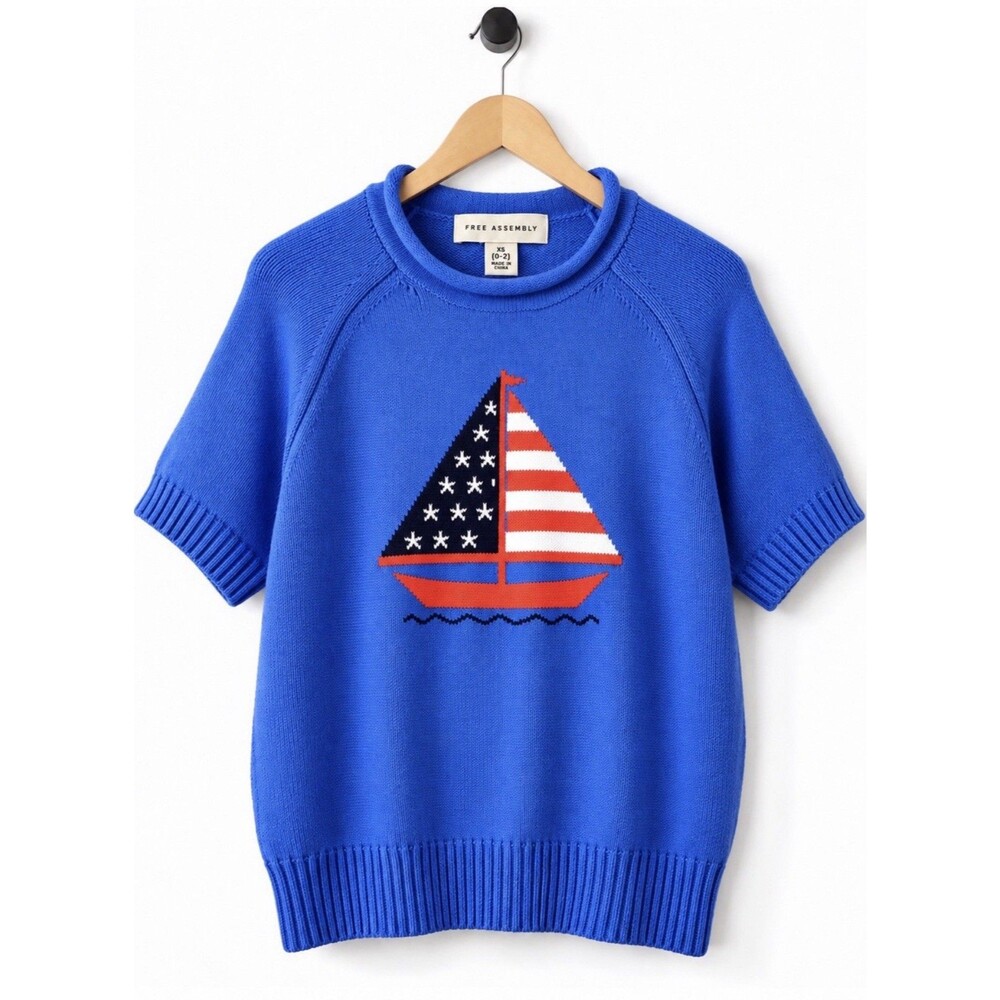 Free Assembly  Women XS 0-2 Sailboat Blue Cotton Knit Nautical Sweater